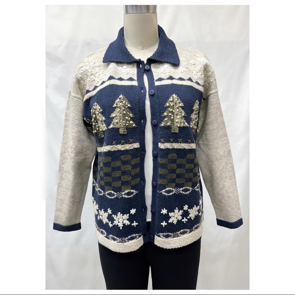Navy Beige Button Down Embroidered Christmas Scene Sweater Knit Cardigan - Picture 4 of 16
